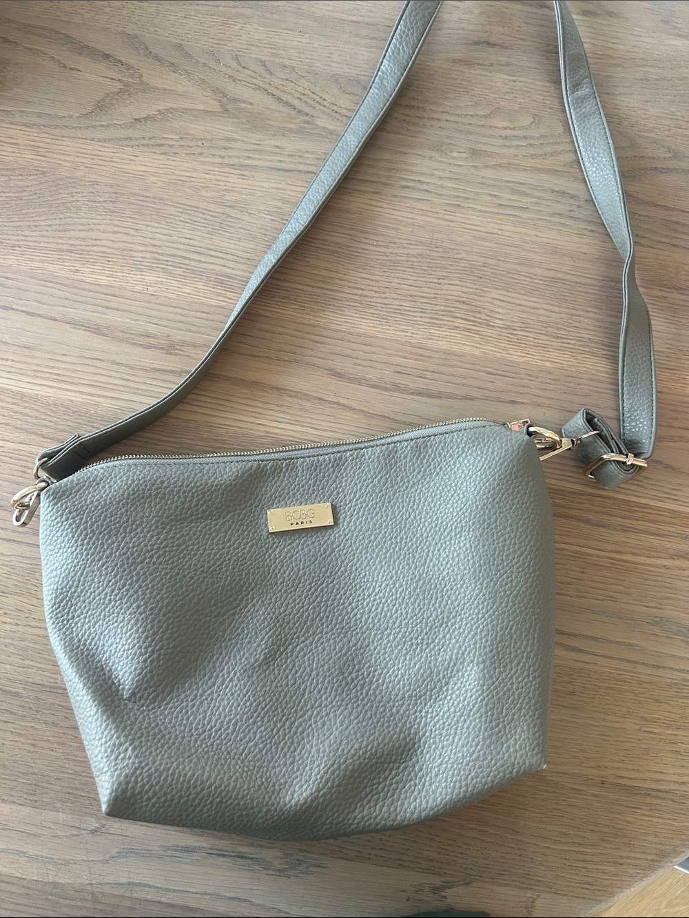 BCBG Paris Pebbled Sage Gray Crossbody with Gold Plaque